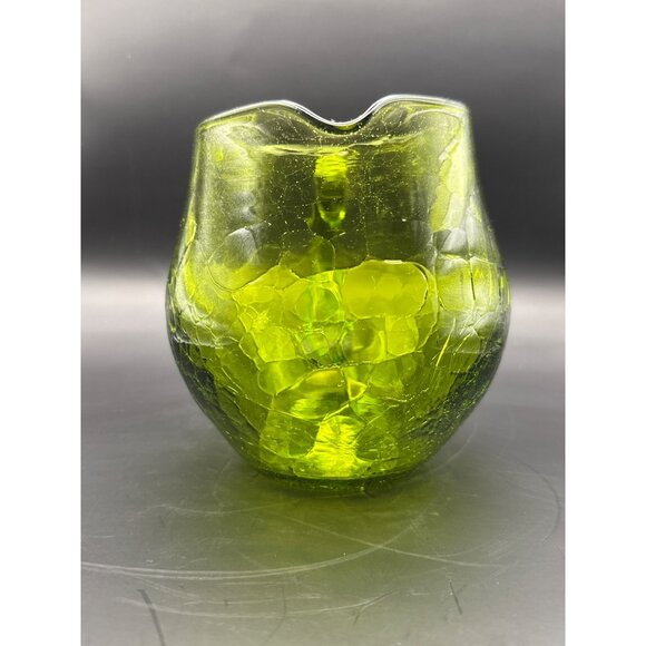 Vtg Blenko Green Crackle Glass Hand Blown Squat Pitcher Applied Handle And Spout - Picture 2 of 9